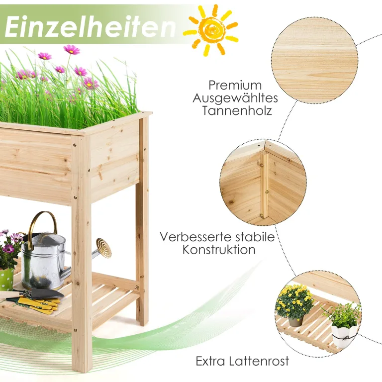 COSTWAY Hochbeet mit Ablage, Pflanzkübel Holz Pflanzkasten Blumenbeet Kräuterbeet Pflanztrog, Pflanzbeet groß Anzuchtbeet im Garten Balkon (92 x 41 x 81 cm) – Bild 2