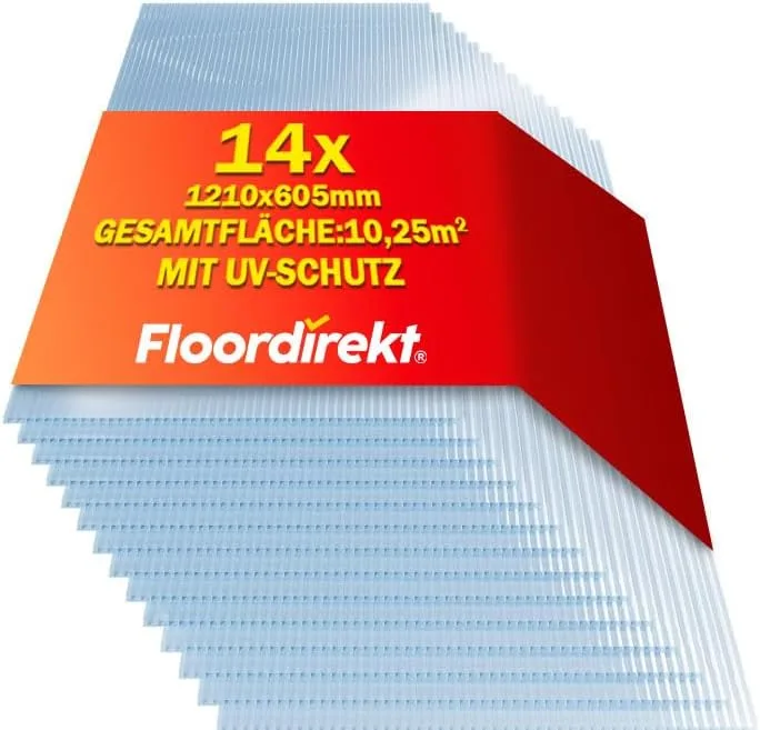 Floordirekt 10,25 m² Hohlkammerplatte - 14x Stegplatten 60,5 x 121 cm - Doppelstegplatten aus Polycarbonat - Hohlkammerplatten für Gewächshaus & Modellbau (Transparent, 4 mm)