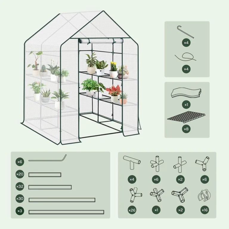 WOLTU Foliengewächshaus, Tomatengewächshaus für Garten Balkon, Indoor & Outdoor, Metallgestell, Gewächshaus mit 3 Ablagen, für Frühbeet Gemüse Blumen, 143 x 195 x 143 cm, Weiß – Bild 9