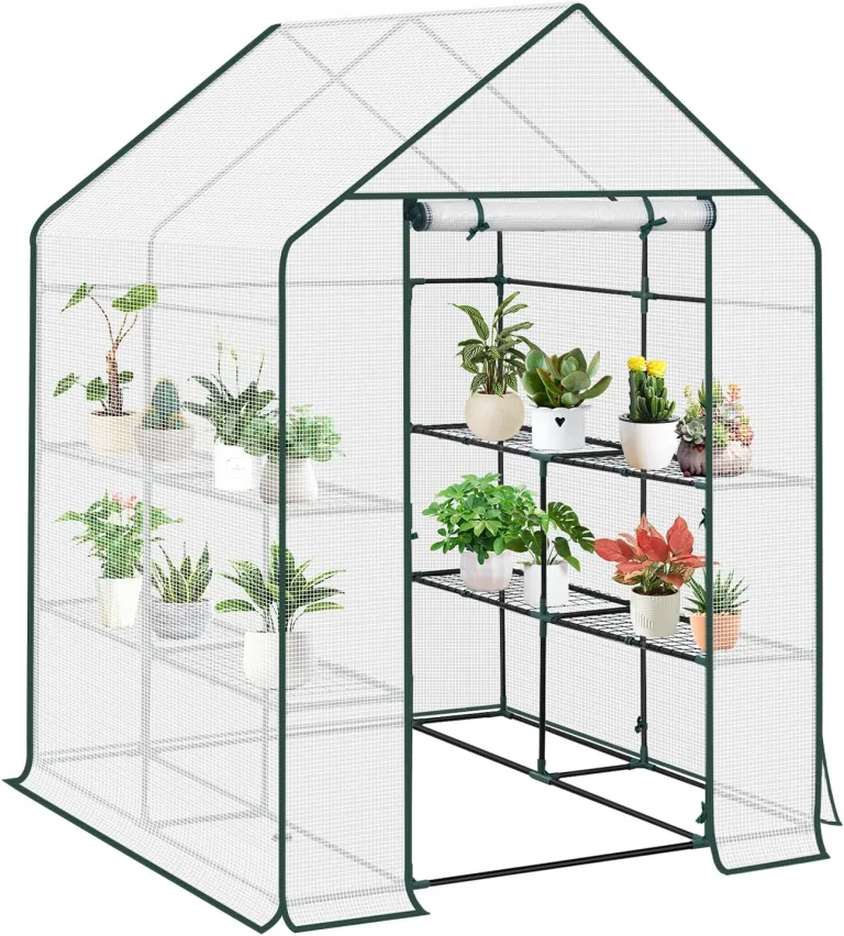 WOLTU Foliengewächshaus, Tomatengewächshaus für Garten Balkon, Indoor & Outdoor, Metallgestell, Gewächshaus mit 3 Ablagen, für Frühbeet Gemüse Blumen, 143 x 195 x 143 cm, Weiß – Bild 1