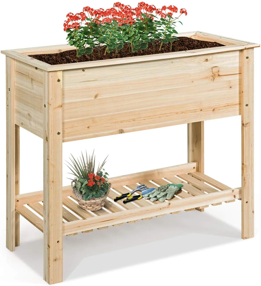 GOPLUS Hochbeet ohne Rollen, Gartenbeet mit Ablage & Abflusslöcher, Pflanzbeet aus Tannenholz für Garten & Terrasse, Natur (ohne Rollen, 92x41x81cm) - Bild 1