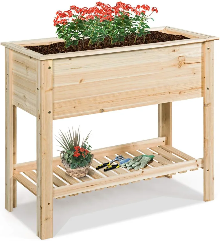 GOPLUS Hochbeet ohne Rollen, Gartenbeet mit Ablage & Abflusslöcher, Pflanzbeet aus Tannenholz für Garten & Terrasse, Natur (ohne Rollen, 92x41x81cm) – Bild 1