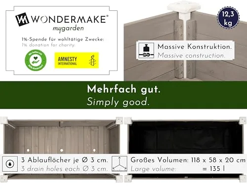 Großes Hochbeet aus Holz für Garten Balkon Terrasse, Pflanzkasten Bausatz XL rechteckig schmal mit Vlies-Folie, Kräuterbeet Pflanzenkasten, 124 x 63 x 75 cm, weiß grau anthrazit – Bild 10