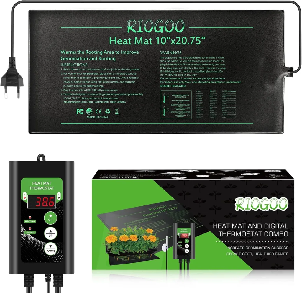RIOGOO Setzling-Heizmatte und Thermostat-Set, wasserdichtes Gewächshaus-Heizkissen 10" x 20,75" Keimungs-Wärmematte