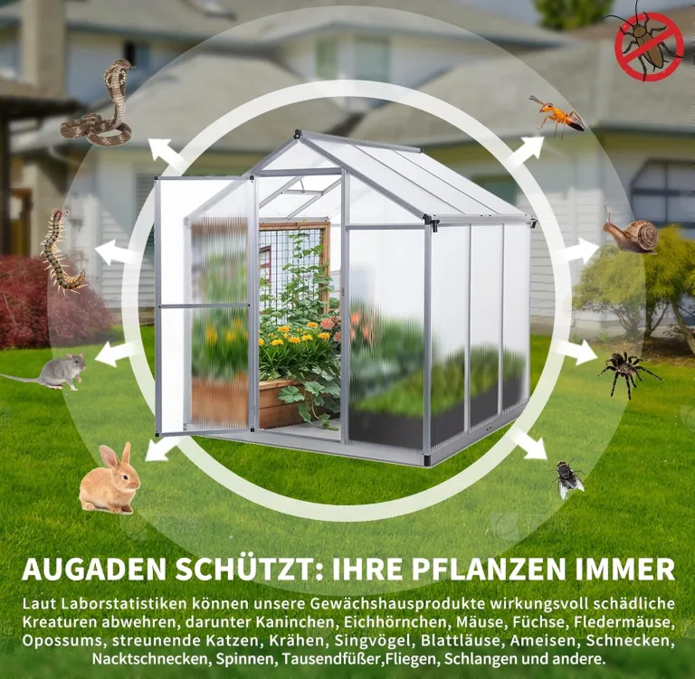 Gewächshaus Aluminium für den Garten |Mit 8 cm dickeres Fundament| 182*190*195 cm | Vielseitig nutzbar als Treibhaus Gartenhaus winterfest Aufzucht Tomatenhaus Frühbeet und Pflanzenhaus silber – Bild 6