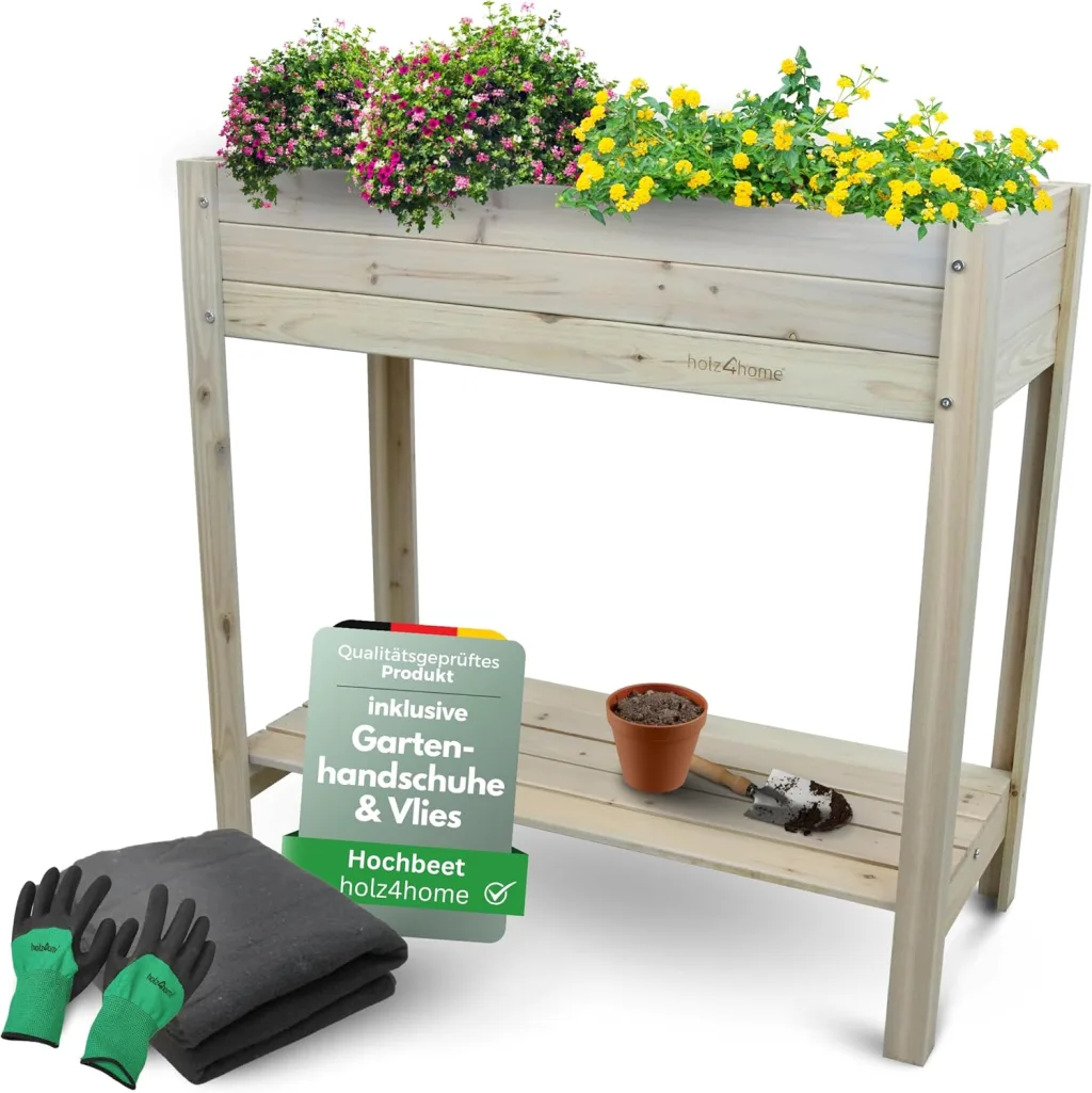 holz4home® Hochbeet inkl. Vlies-, Einlegevlies Naturholz Tanne Grauweiß | 80x37x78 cm I Hochwertiges Tannenholz I Ideal für den kleinen Garten, Terrasse oder Balkon