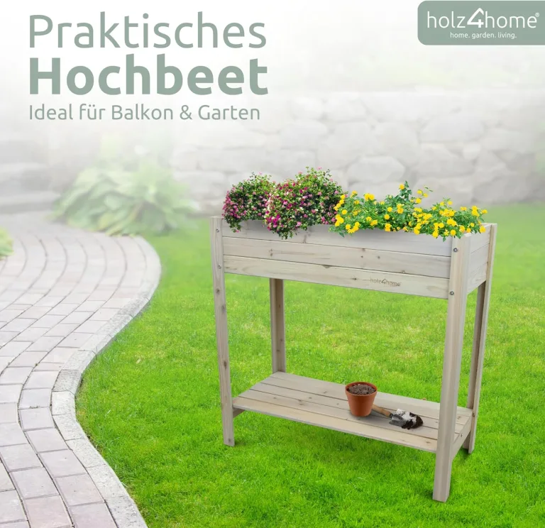 holz4home® Hochbeet inkl. Vlies-, Einlegevlies Naturholz Tanne Grauweiß | 80x37x78 cm I Hochwertiges Tannenholz I Ideal für den kleinen Garten, Terrasse oder Balkon – Bild 2