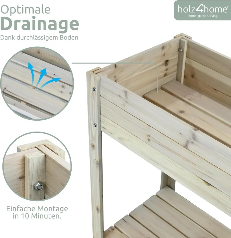 holz4home® Hochbeet inkl. Vlies-, Einlegevlies Naturholz Tanne Grauweiß | 80x37x78 cm I Hochwertiges Tannenholz I Ideal für den kleinen Garten, Terrasse oder Balkon – Bild 4
