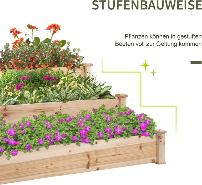 Outsunny Hochbeet 3-stufige Gartenbeet Pflanzenbeet Kräuterbeet Blumentreppe für Balkon Garten Natur Tannenholz 120 x 120 x 56 cm – Bild 6