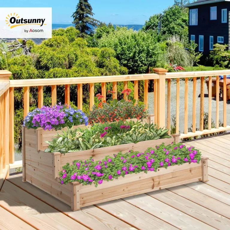 Outsunny Hochbeet 3-stufige Gartenbeet Pflanzenbeet Kräuterbeet Blumentreppe für Balkon Garten Natur Tannenholz 120 x 120 x 56 cm – Bild 2