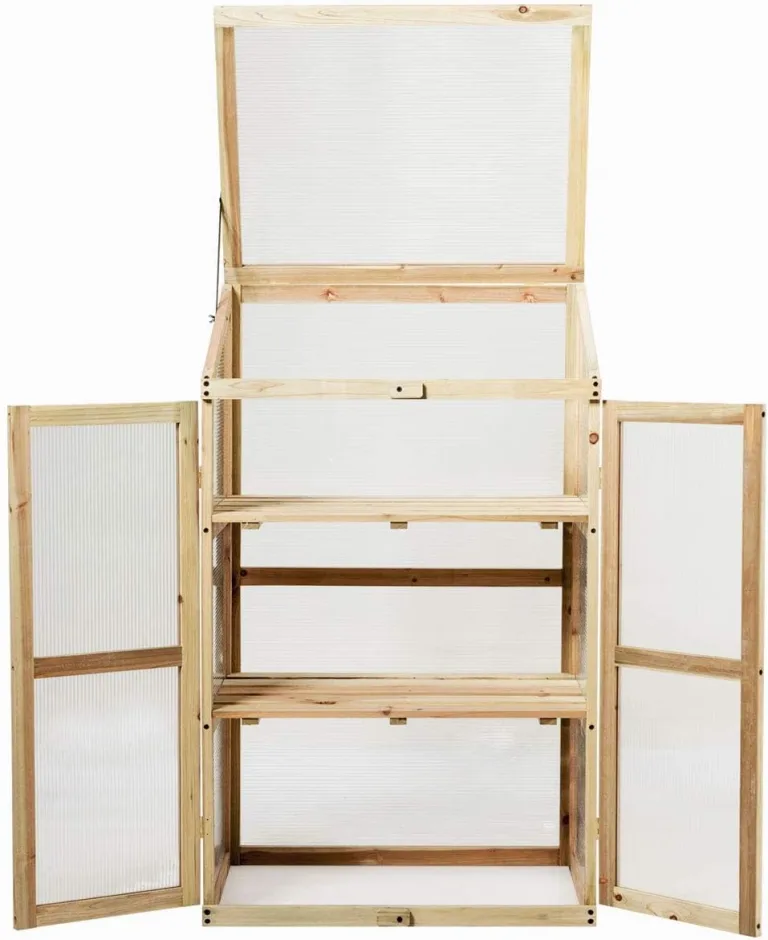 GYMAX Holz Frühbeet mit 3 Ablagen, Gewächshaus klein mit 2 Türen & Deckel, wetterfest Pflanzenbeet Aufzuchtschrank für Garten & Balkon, 60 x 45 x 100 cm, Natur – Bild 7
