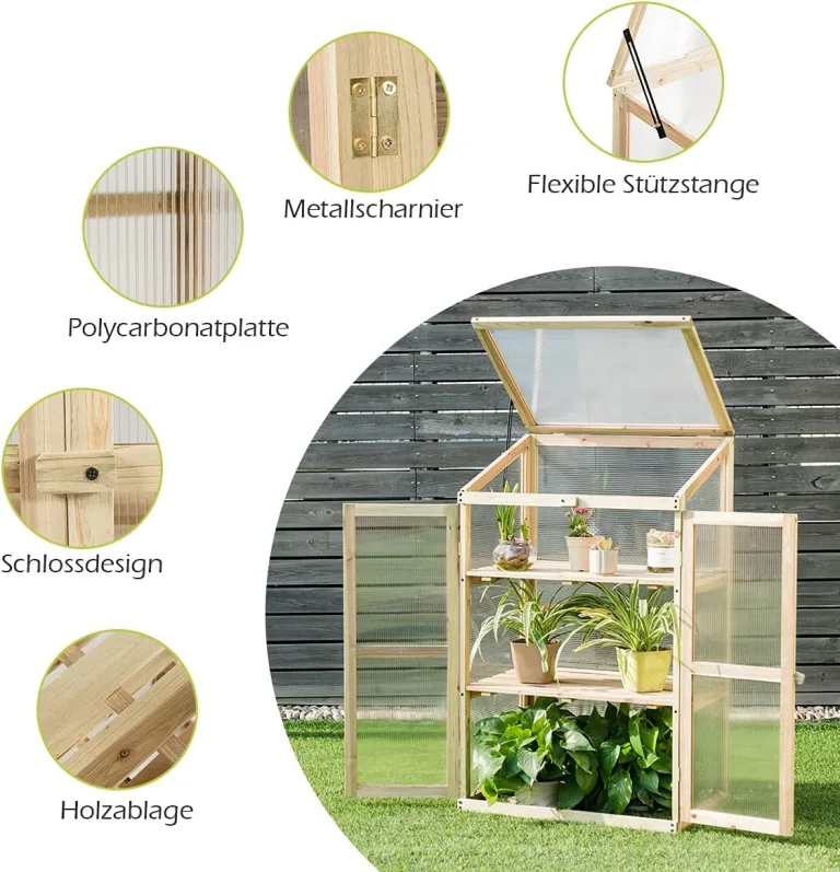 GYMAX Holz Frühbeet mit 3 Ablagen, Gewächshaus klein mit 2 Türen & Deckel, wetterfest Pflanzenbeet Aufzuchtschrank für Garten & Balkon, 60 x 45 x 100 cm, Natur – Bild 3