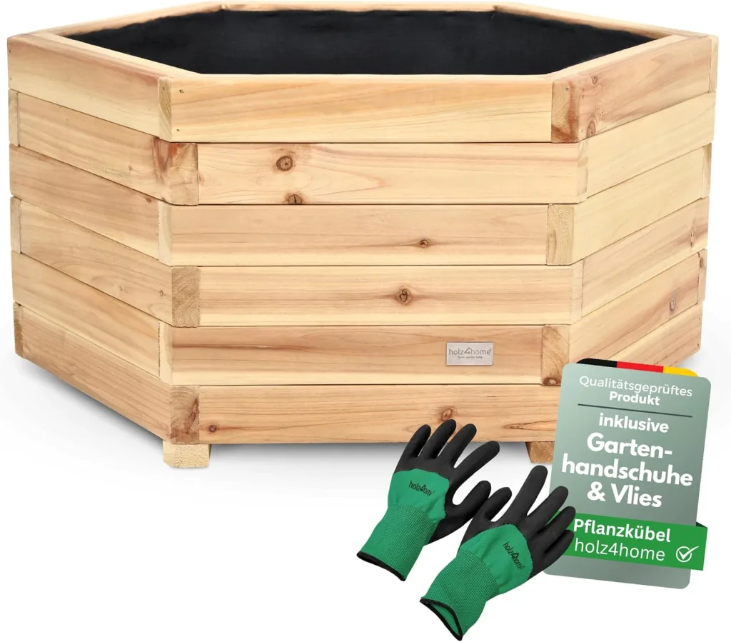 holz4home® Outdoor Pflanzkübel XL I 6-Eckig aus Tannenholz I inkl. Gartenhandschuhe & Vlies I Blumentopf Terrasse aus Holz I Pflanzkasten Pflanztopf Blumenkübel Balkon