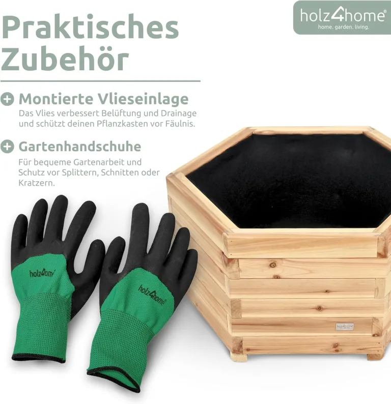 holz4home® Outdoor Pflanzkübel XL I 6-Eckig aus Tannenholz I inkl. Gartenhandschuhe & Vlies I Blumentopf Terrasse aus Holz I Pflanzkasten Pflanztopf Blumenkübel Balkon – Bild 5