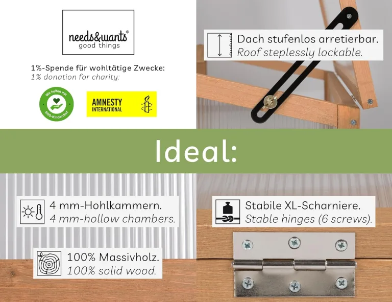 needs&wants® Frühbeet Aufsatz klein aus Holz Bausatz, Frühbeetkasten mit Abdeckung Gewächshaus mit Deckel wetterfest für Garten Balkon Outdoor, Polycarbonat, dunkel-braun – Bild 2