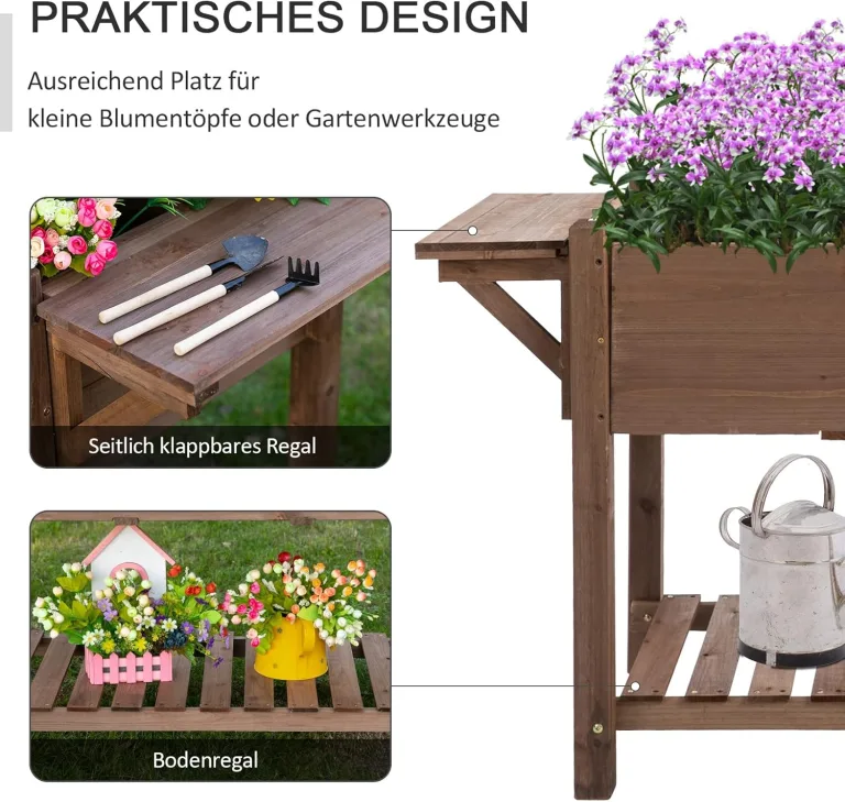 Outsunny Hochbeet Pflanzkasten mit 8 geteilten Gittern Faltbare Ablage Blumenkasten Blumentopf Kräuterbeet Massivholz Braun 123 x 54 x 80 cm – Bild 4