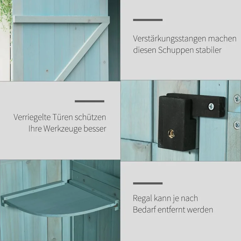 Outsunny Gartenschrank Holz, Geräteschuppen wetterfest 77x54,2x179cm, Gerätehaus mit Tür, Satteldach, Geräteschrank mit Böden, Werkzeugschrank Gartenschuppen für Garten, Terrasse, Hellblau+Grün – Bild 5