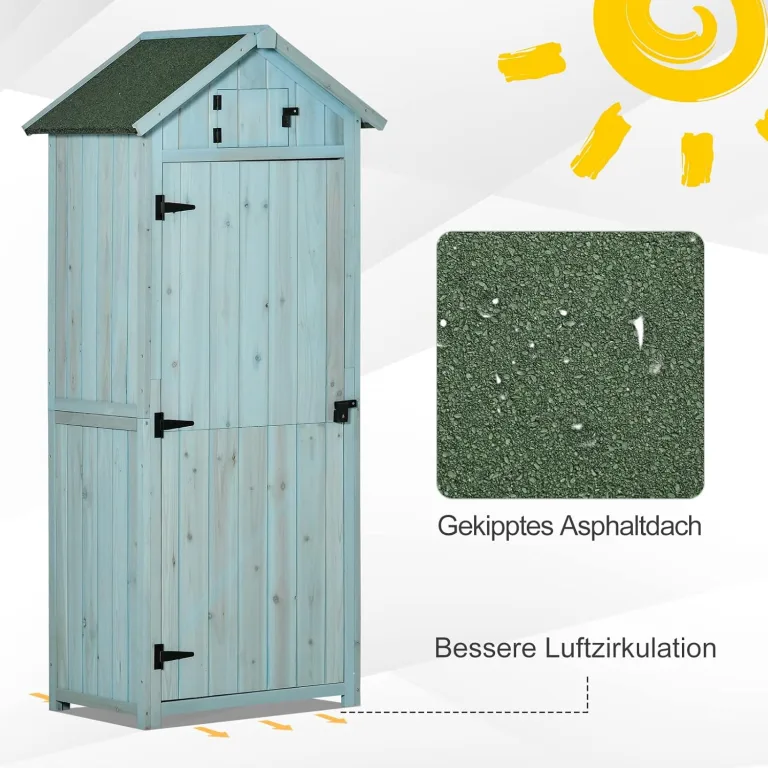 Outsunny Gartenschrank Holz, Geräteschuppen wetterfest 77x54,2x179cm, Gerätehaus mit Tür, Satteldach, Geräteschrank mit Böden, Werkzeugschrank Gartenschuppen für Garten, Terrasse, Hellblau+Grün – Bild 4