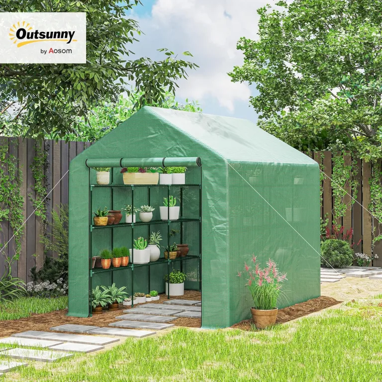 Outsunny Foliengewächshaus begehbares Gewächshaus mit 8 Regalebenen Tomatengewächshaus Treibhaus Frühbeet mit Tür Grün Stahl PE-Kunststoff 244 x 180 x 210 cm – Bild 2