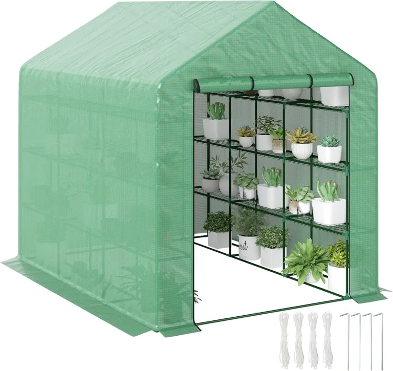 Outsunny Foliengewächshaus begehbares Gewächshaus mit 8 Regalebenen Tomatengewächshaus Treibhaus Frühbeet mit Tür Grün Stahl PE-Kunststoff 244 x 180 x 210 cm – Bild 1