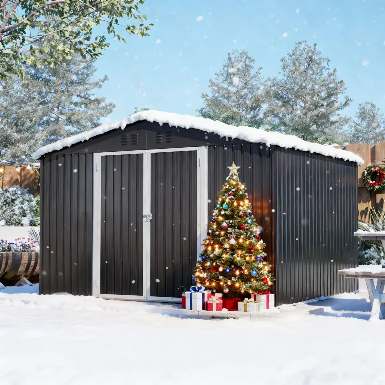 Thanaddo Gerätehaus Metall Groß Geräteschuppen 300x250x191 cm mit Fundamentrahmen, Wetterfest Gartenhaus mit Belüftungslöcher & Abschließbarer Tür, Gartenschuppen für Outdoor Garten, Schwarz – Bild 2