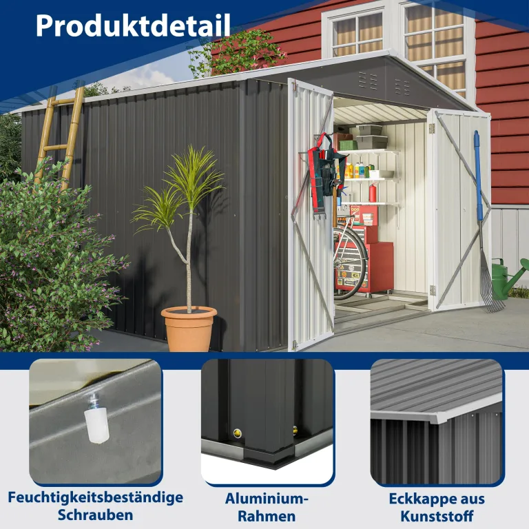 Thanaddo Gerätehaus Metall Groß Geräteschuppen 300x250x191 cm mit Fundamentrahmen, Wetterfest Gartenhaus mit Belüftungslöcher & Abschließbarer Tür, Gartenschuppen für Outdoor Garten, Schwarz – Bild 6