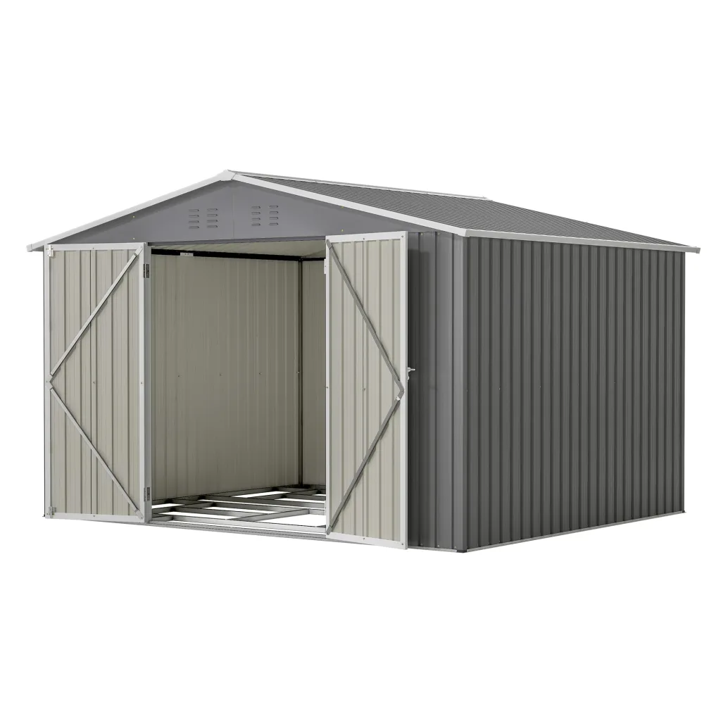 Thanaddo 8×10ft Gerätehaus Metall Groß Geräteschuppen 300x250x191 cm mit Fundamentrahmen, Gartenhaus Satteldach mit Belüftungslöcher & Abschließbarer Tür, Gartenschuppen für Outdoor Garten, Grau