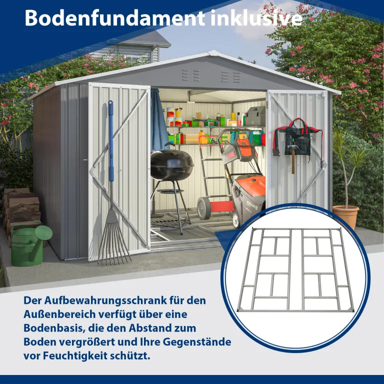 Thanaddo 8×10ft Gerätehaus Metall Groß Geräteschuppen 300x250x191 cm mit Fundamentrahmen, Gartenhaus Satteldach mit Belüftungslöcher & Abschließbarer Tür, Gartenschuppen für Outdoor Garten, Grau – Bild 2