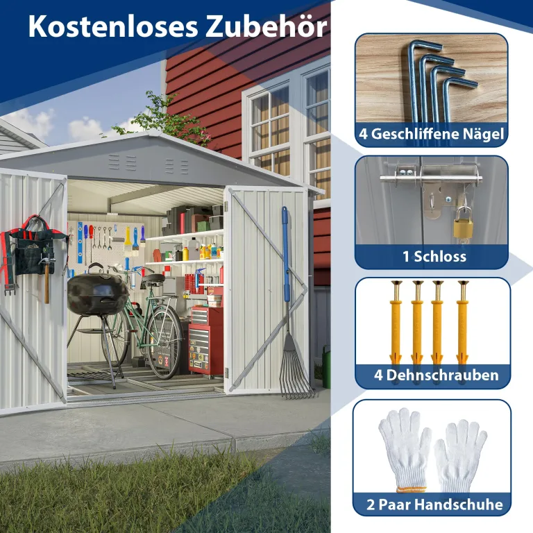 Thanaddo 8×10ft Gerätehaus Metall Groß Geräteschuppen 300x250x191 cm mit Fundamentrahmen, Gartenhaus Satteldach mit Belüftungslöcher & Abschließbarer Tür, Gartenschuppen für Outdoor Garten, Grau – Bild 5