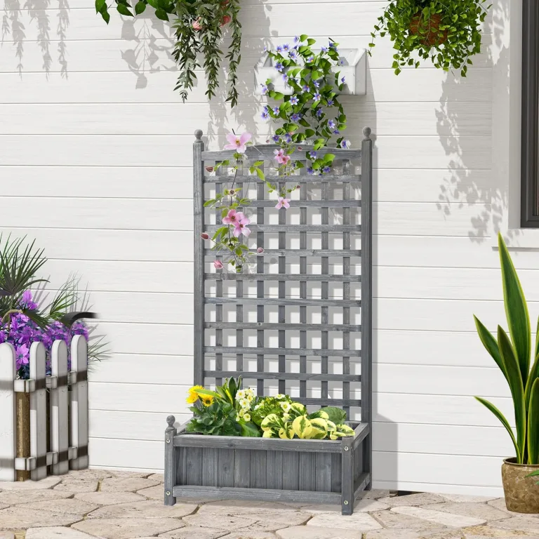 Outsunny Hochbeet Pflanzkasten mit Rankgitter Blumenkasten Rankkasten Rosenbogen mit Rankhilfe für Kletterpflanzen Garten Holz Grau 64 x 28 x 120 cm – Bild 2