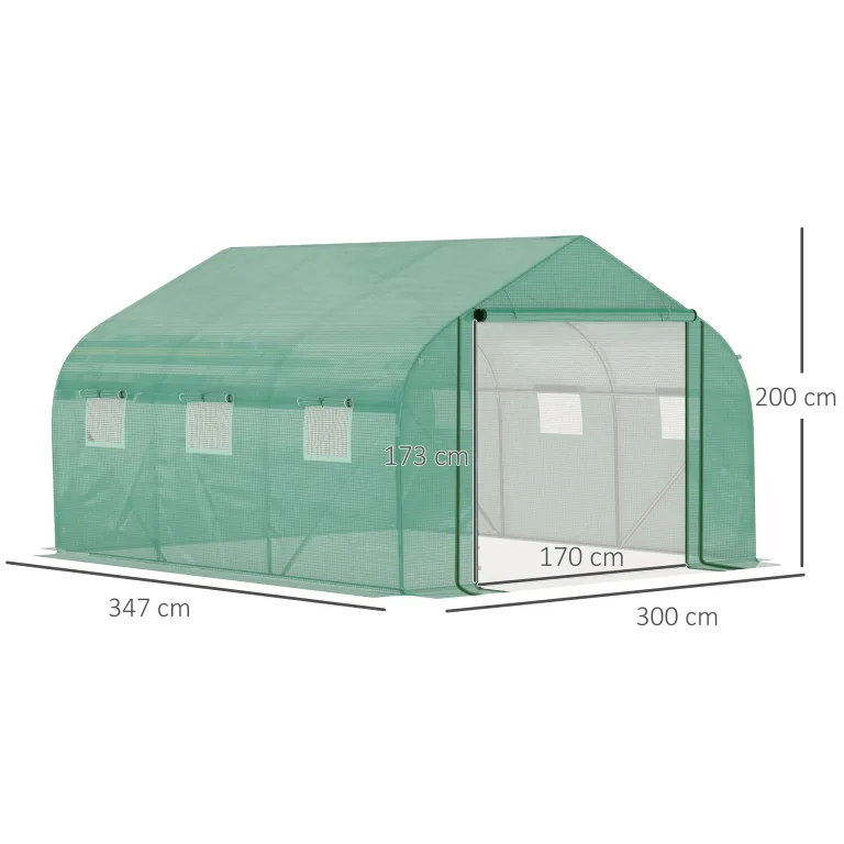Outsunny Tunnel-Gewächshaus Groß 3.5 x 3 x 2 m - 6 Fenster und Reißverschlusstür - Verzinkter Stahl PE Hohe Dichte Grün – Bild 7
