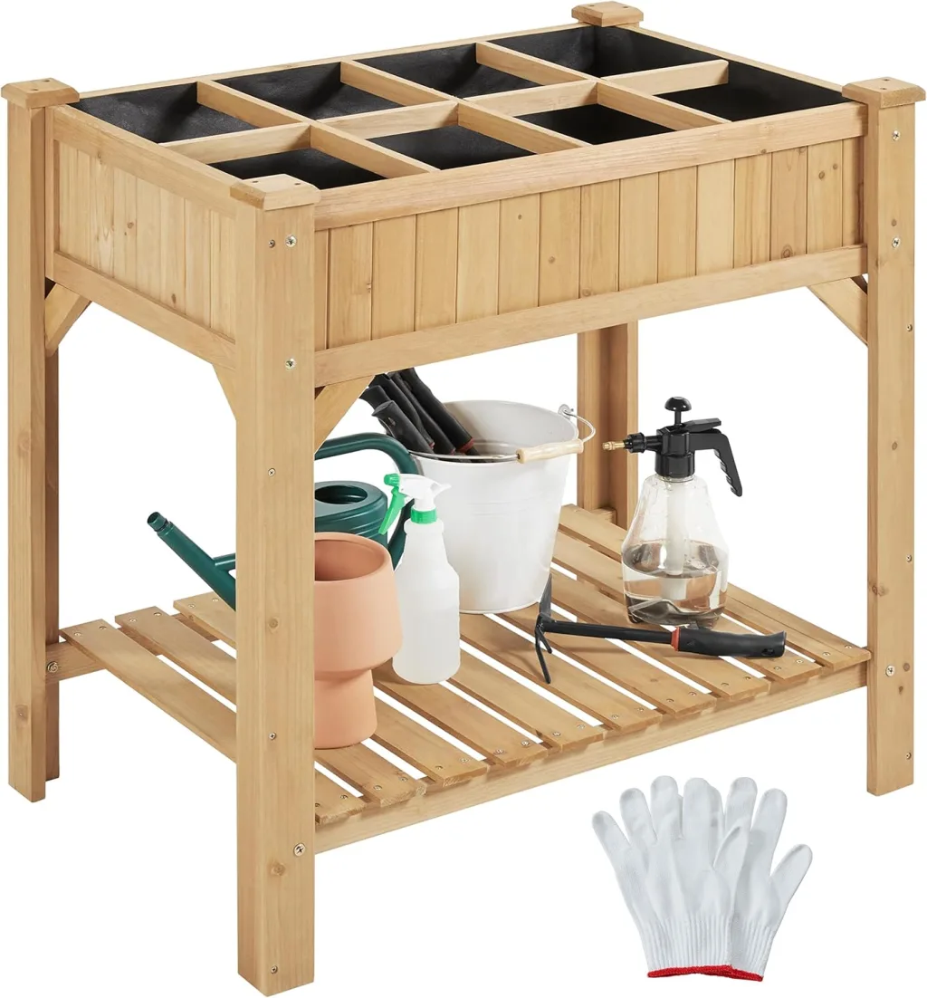 Yaheetech Hochbeet aus Holz Blumenkasten mit Ablagefach und Entwässerungslöchern, Frühbeet Bausatz für Gemüse/Kräuter/Blumen, Pflanzkasten, wetterfest, Hellbraun