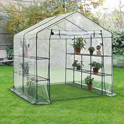 [en.casa] Gewächshaus Grünau mit Ablagen 200 x 200 x 220 cm Foliengewächshaus mit aufrollbarer Tür Pflanzhaus Treibhaus Stahlrahmen Transparent – Bild 9