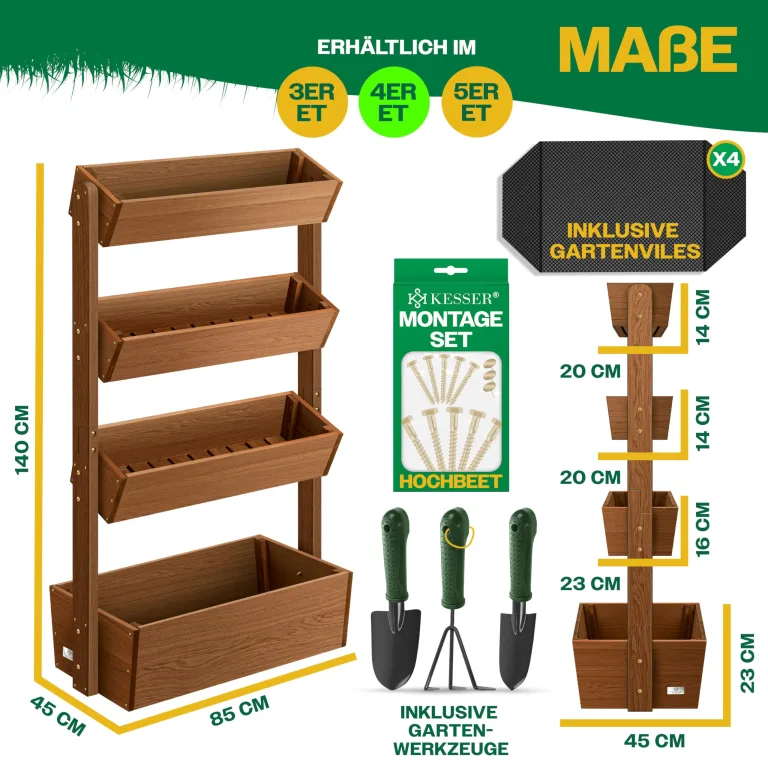KESSER® Hochbeet mit 4 Etagen Premium Blumenkasten Blumentreppe Pflanztreppe Gemüsebeet Kräuterbeet Pflanzkübel Frühbeet Blumenbeet Pflanzkasten mit Gartenvlies - Beet inkl. Schaufelset, Braun – Bild 5