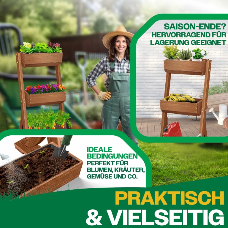 KESSER® Hochbeet mit 3 Etagen Premium Blumenkasten Blumentreppe Pflanztreppe Gemüsebeet Kräuterbeet Pflanzkübel Frühbeet Blumenbeet Pflanzkasten mit Gartenvlies - Beet inkl. Schaufelset, Braun – Bild 3