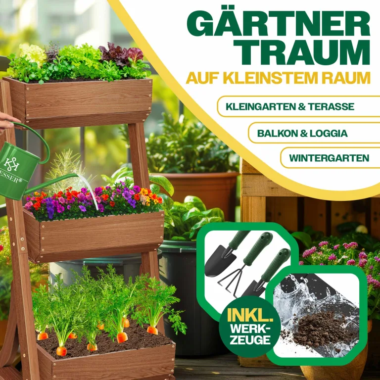 KESSER® Hochbeet mit 3 Etagen Premium Blumenkasten Blumentreppe Pflanztreppe Gemüsebeet Kräuterbeet Pflanzkübel Frühbeet Blumenbeet Pflanzkasten mit Gartenvlies - Beet inkl. Schaufelset, Braun – Bild 6