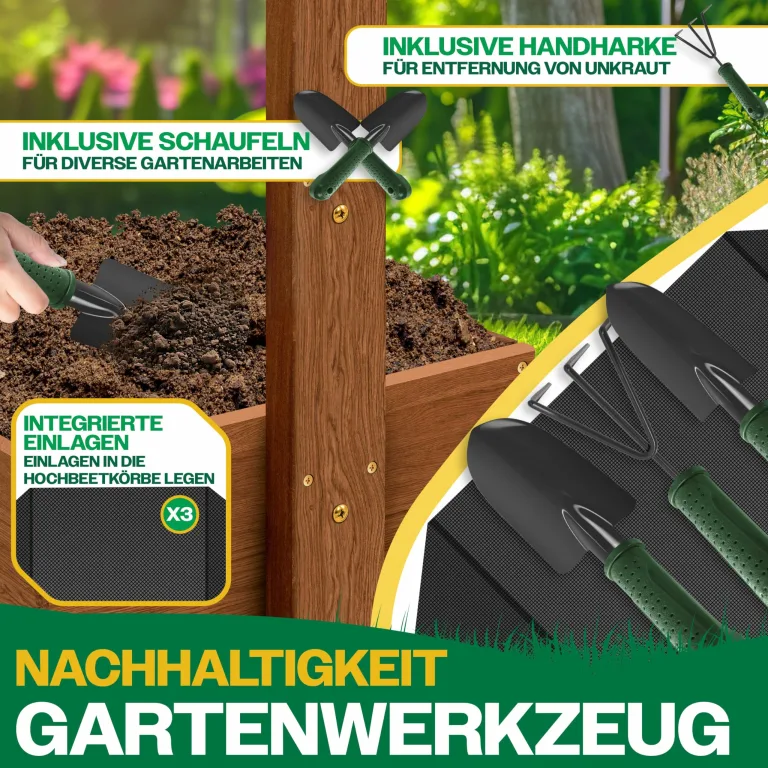 KESSER® Hochbeet mit 3 Etagen Premium Blumenkasten Blumentreppe Pflanztreppe Gemüsebeet Kräuterbeet Pflanzkübel Frühbeet Blumenbeet Pflanzkasten mit Gartenvlies - Beet inkl. Schaufelset, Braun – Bild 8
