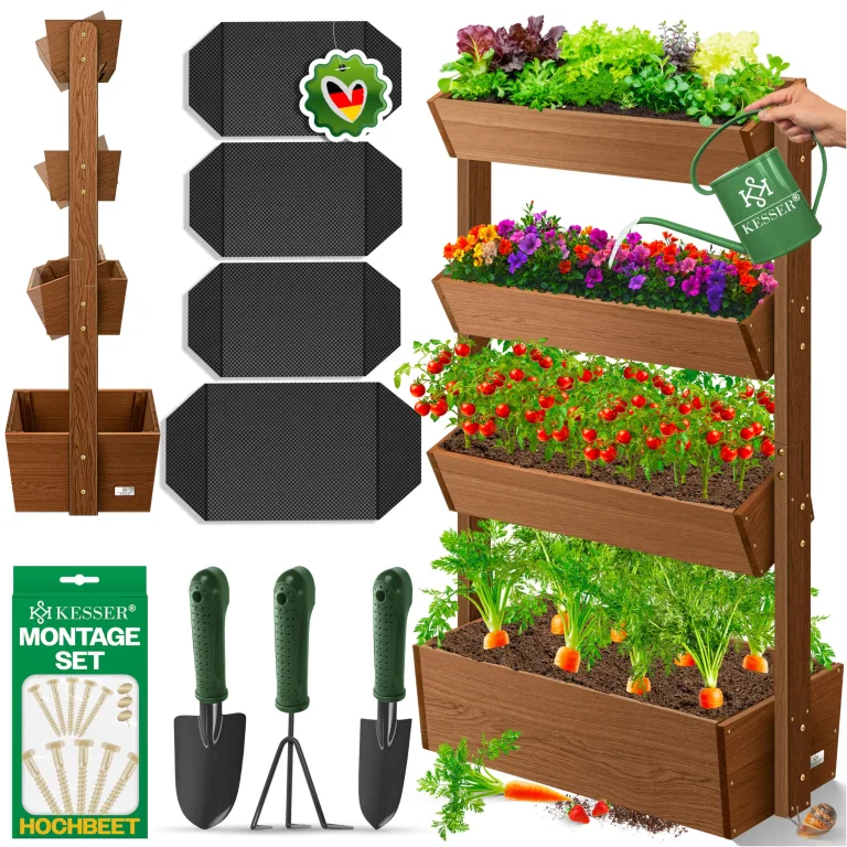 KESSER® Hochbeet mit 3 Etagen Premium Blumenkasten Blumentreppe Pflanztreppe Gemüsebeet Kräuterbeet Pflanzkübel Frühbeet Blumenbeet Pflanzkasten mit Gartenvlies - Beet inkl. Schaufelset, Braun – Bild 10