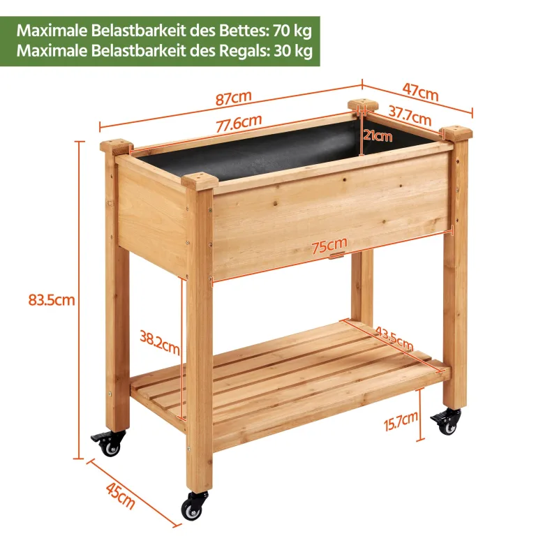 Yaheetech Hochbeet mit Rollen & Ablageboden, Pflanzkasten Pflanztrog Blumenkübel Kräuterbeet aus Holz, Pflanzbeet für Garten, Balkon & Terrasse, 87 x 47 x 83,5 cm – Bild 4