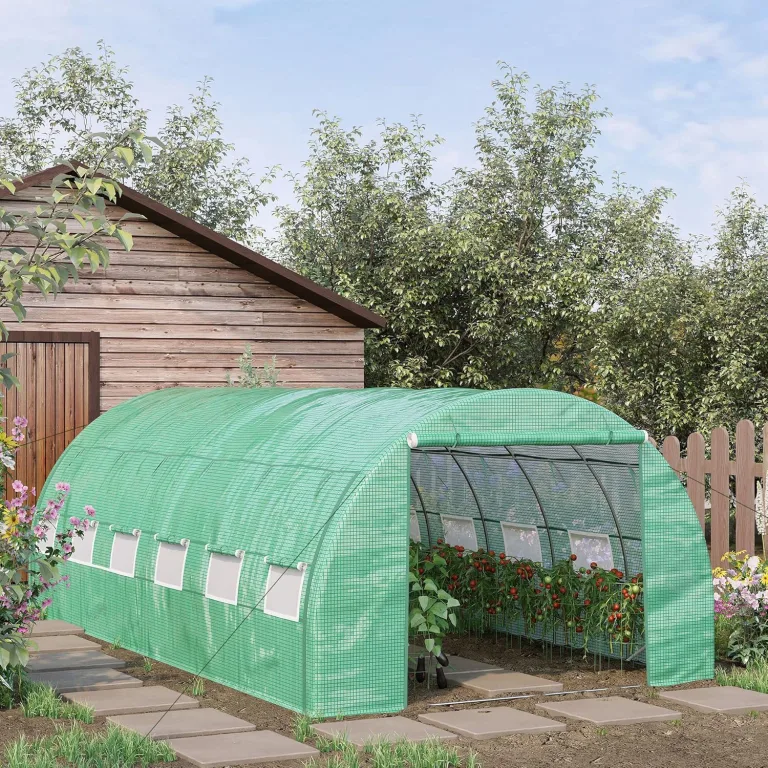 Outsunny Foliengewächshaus Polytunnel 6 x 3 x 2 m begehbares Gewächshaus mit aufrollbar Abdeckungen Folientunnel Treibhaus UV-Schutz Stahlrohr Grün – Bild 3