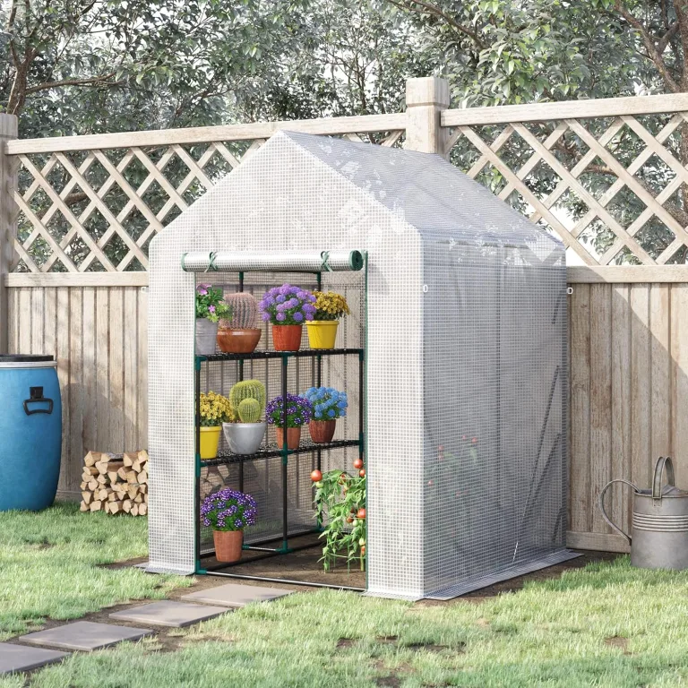 Outsunny Foliengewächshaus begehbares Gewächshaus mit 4 Regalebenen Tomatengewächshaus Treibhaus Frühbeet mit Reißverschlusstüren Weiß Stahl PE-Kunststoff 143 x 143 x 195 cm – Bild 2