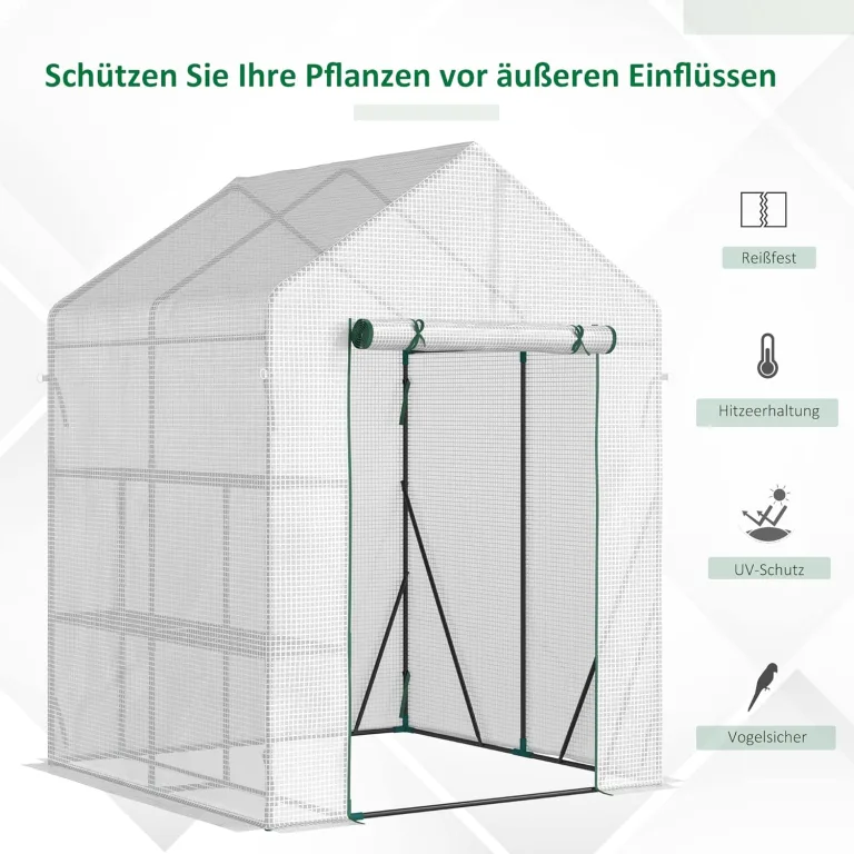 Outsunny Foliengewächshaus begehbares Gewächshaus mit 4 Regalebenen Tomatengewächshaus Treibhaus Frühbeet mit Reißverschlusstüren Weiß Stahl PE-Kunststoff 143 x 143 x 195 cm – Bild 3