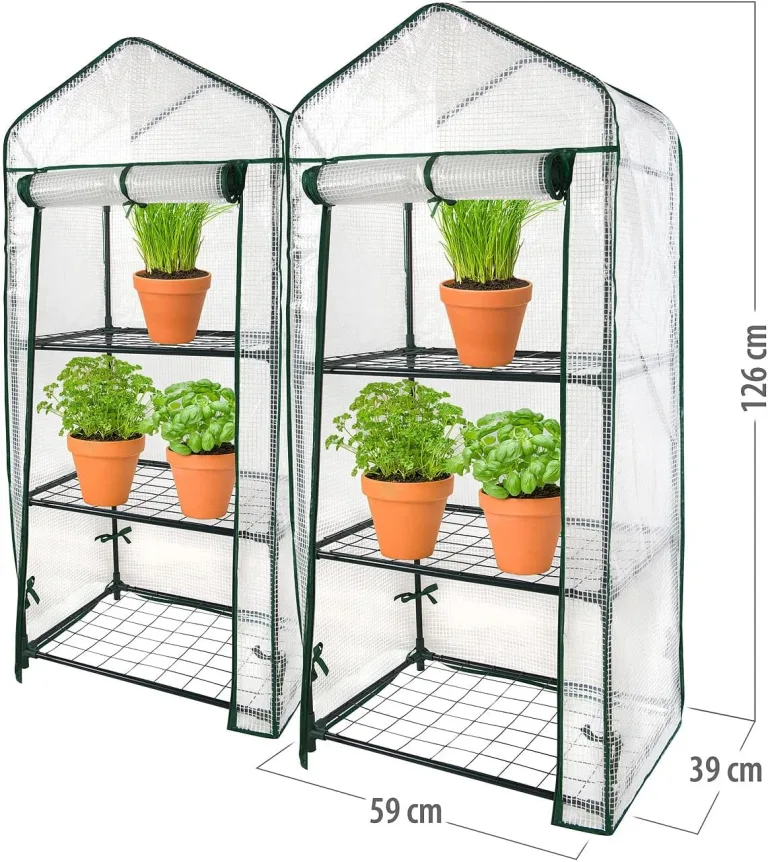 Royal Gardineer Gewächshaus Regale: 2er-Set Folien-Gewächshäuser, 3 Etagen, Aufroll-Tür, 59x126x39cm, weiß (Pflanzenregal, Foliengewächshaus Tomaten, Insektenschutz) – Bild 3