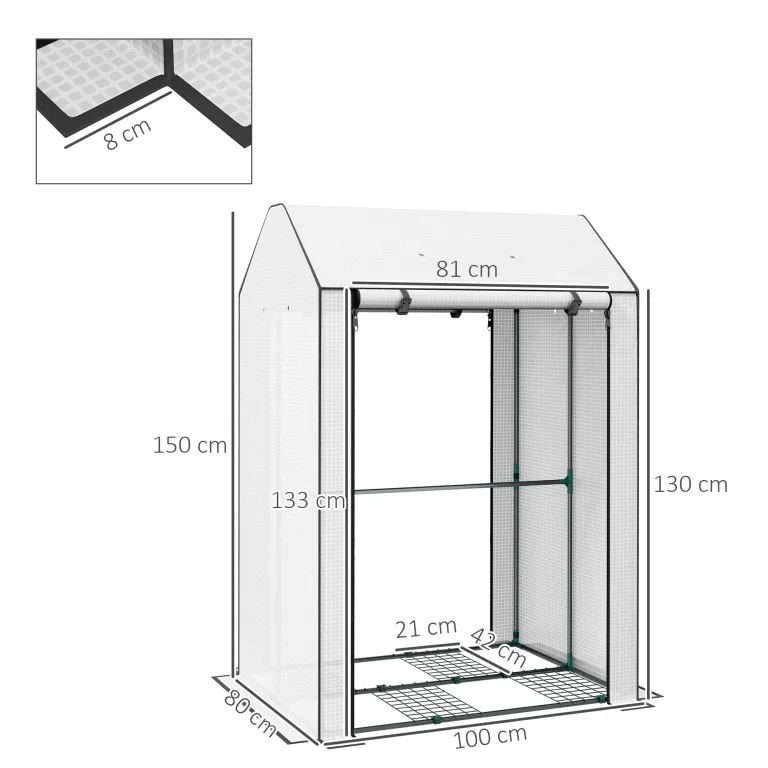 Outsunny Mini-Gewächshaus mit 4 Drahtregalen, tragbares Tomatengewächshaus, verbessertes Garten-Wachstumshaus für Pflanzen mit aufrollbarer Tür und Lüftungsschlitzen, 100 x 80 x 150 cm, Weiß – Bild 7