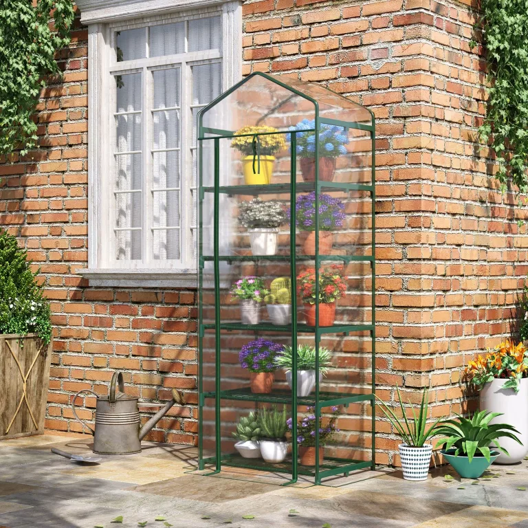 Outsunny Gewächshaus mit Rolltür, Regale, Winterfest Foliengewächshaus aus Stahl, Treibhaus für Balkon, Garten, Tomatenhaus 69 x 49 x 193 cm, Tomatengewächshaus für Tomaten, Blumen, Transparent – Bild 2