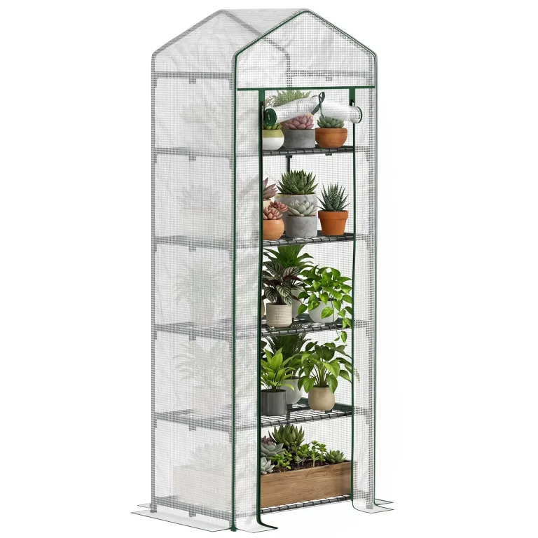 Outsunny Gewächshaus mit Rolltür, Regale, Winterfest Foliengewächshaus aus Stahl, Treibhaus für Balkon, Garten, Tomatenhaus 69 x 49 x 193 cm, Tomatengewächshaus für Tomaten, Blumen, Transparent – Bild 10