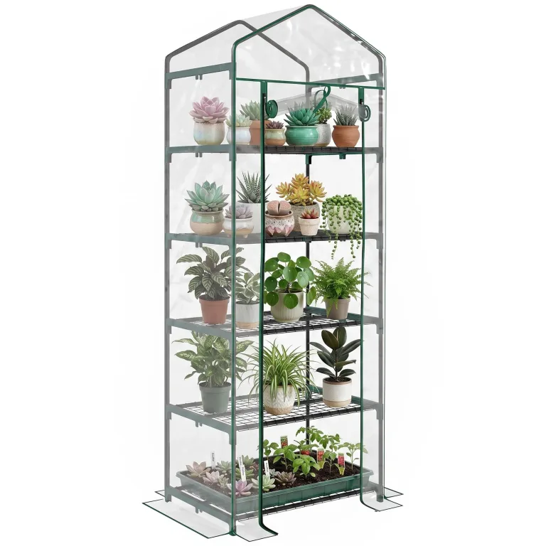 Outsunny Gewächshaus mit Rolltür, Regale, Winterfest Foliengewächshaus aus Stahl, Treibhaus für Balkon, Garten, Tomatenhaus 69 x 49 x 193 cm, Tomatengewächshaus für Tomaten, Blumen, Transparent – Bild 1