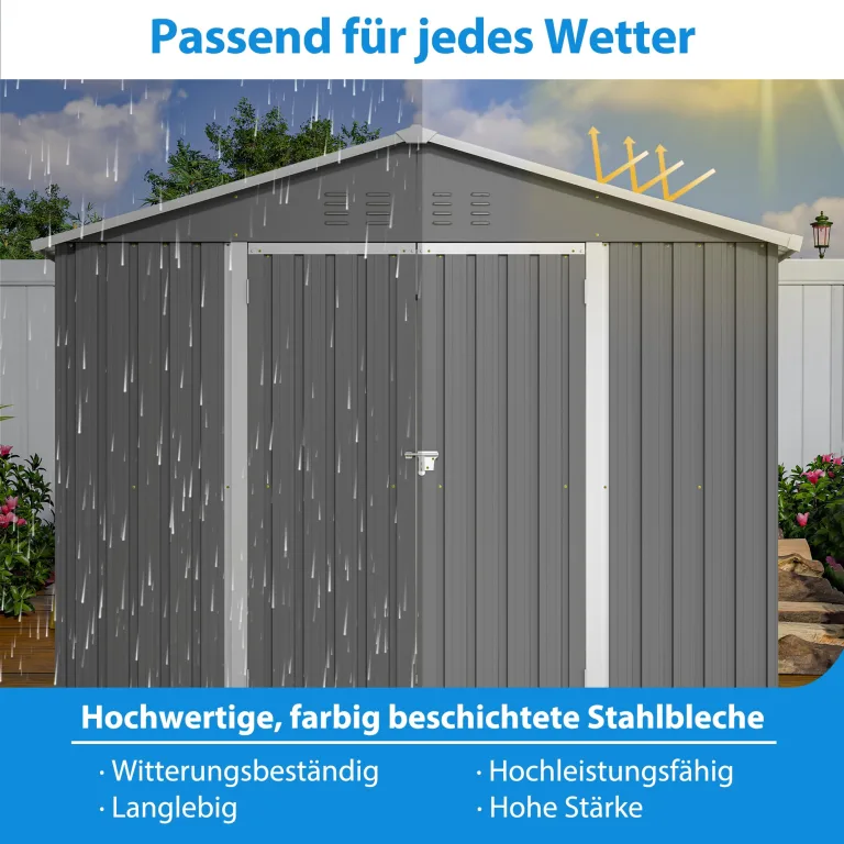Thanaddo 8×6ft Gerätehaus Metall Groß Geräteschuppen 240x192x191 cm mit Fundamentrahmen, Wetterfest Gartenhaus mit Satteldach & Abschließbarer Tür, Gartenschuppen für Outdoor Garten Hinterhof, Grau – Bild 6