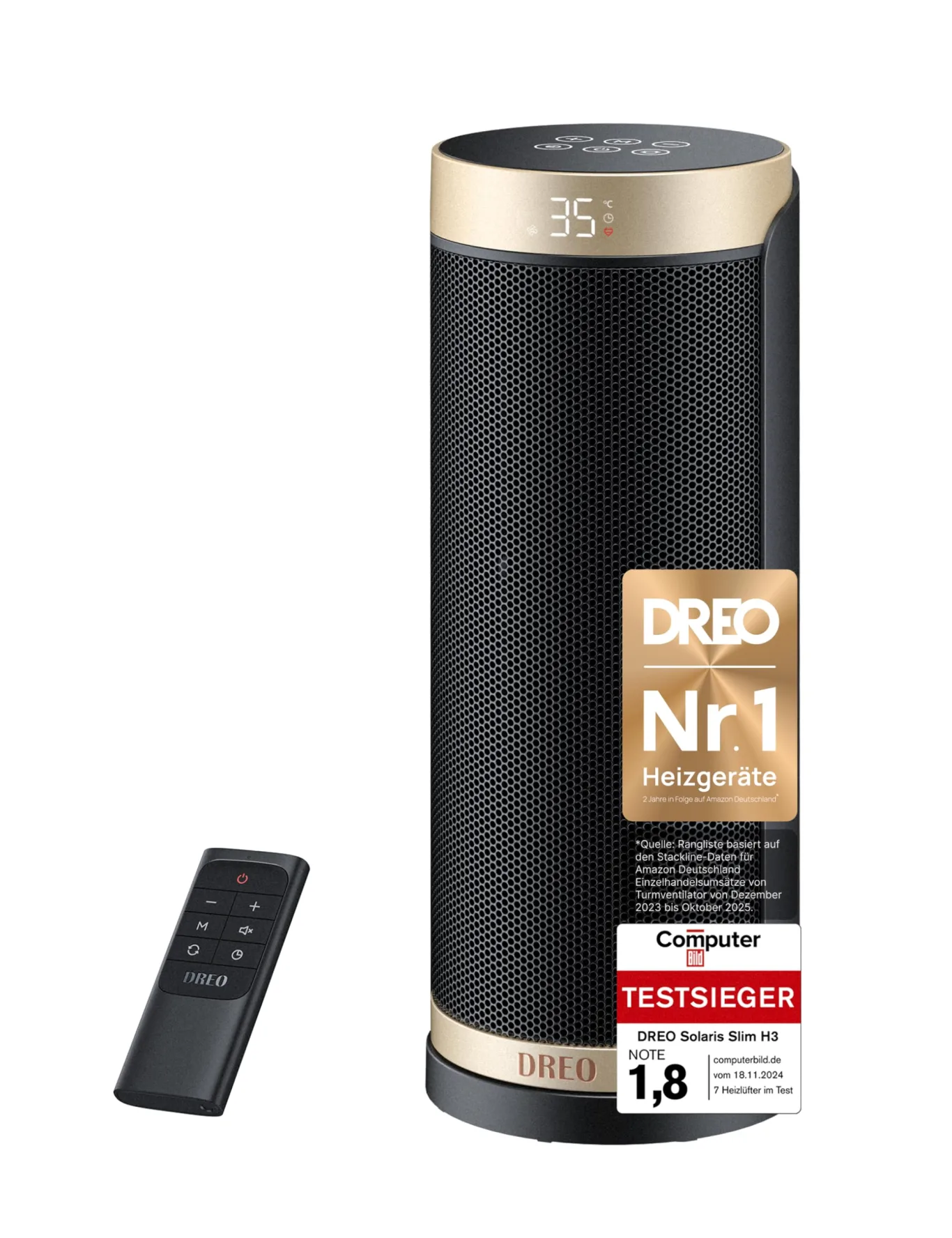 Dreo Heizlüfter Energiesparend, PTC Keramik Heizlüfte Leise, 70° Oszillierend Elektroheizung mit Fernbedienung, 12-Std-Timer, 3 Modus 3 Geschwindigkeit, Überhitzungs-Kippschutz, Solaris Slim H3 - Bild 1