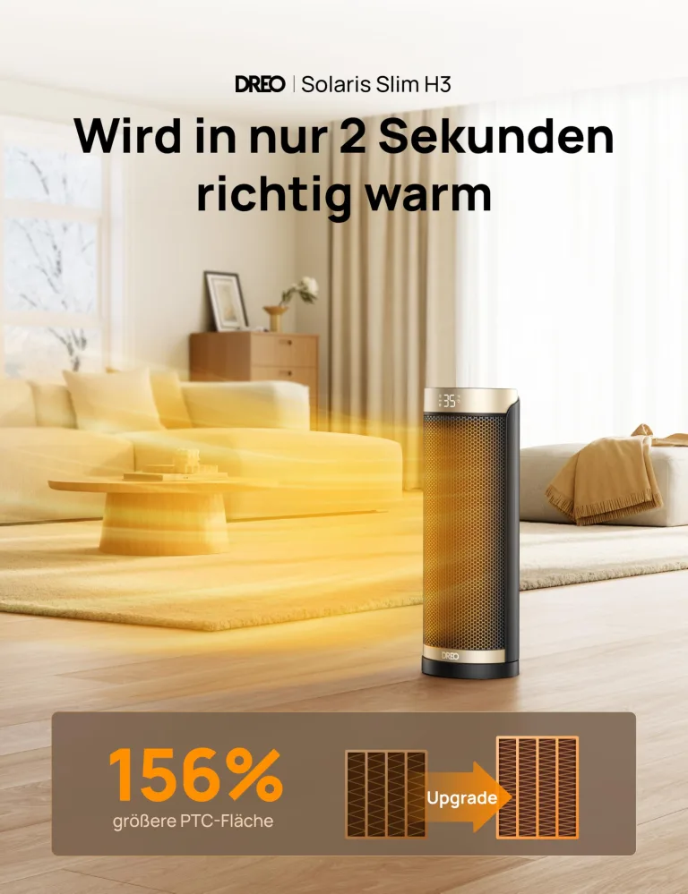 Dreo Heizlüfter Energiesparend, PTC Keramik Heizlüfte Leise, 70° Oszillierend Elektroheizung mit Fernbedienung, 12-Std-Timer, 3 Modus 3 Geschwindigkeit, Überhitzungs-Kippschutz, Solaris Slim H3 – Bild 2